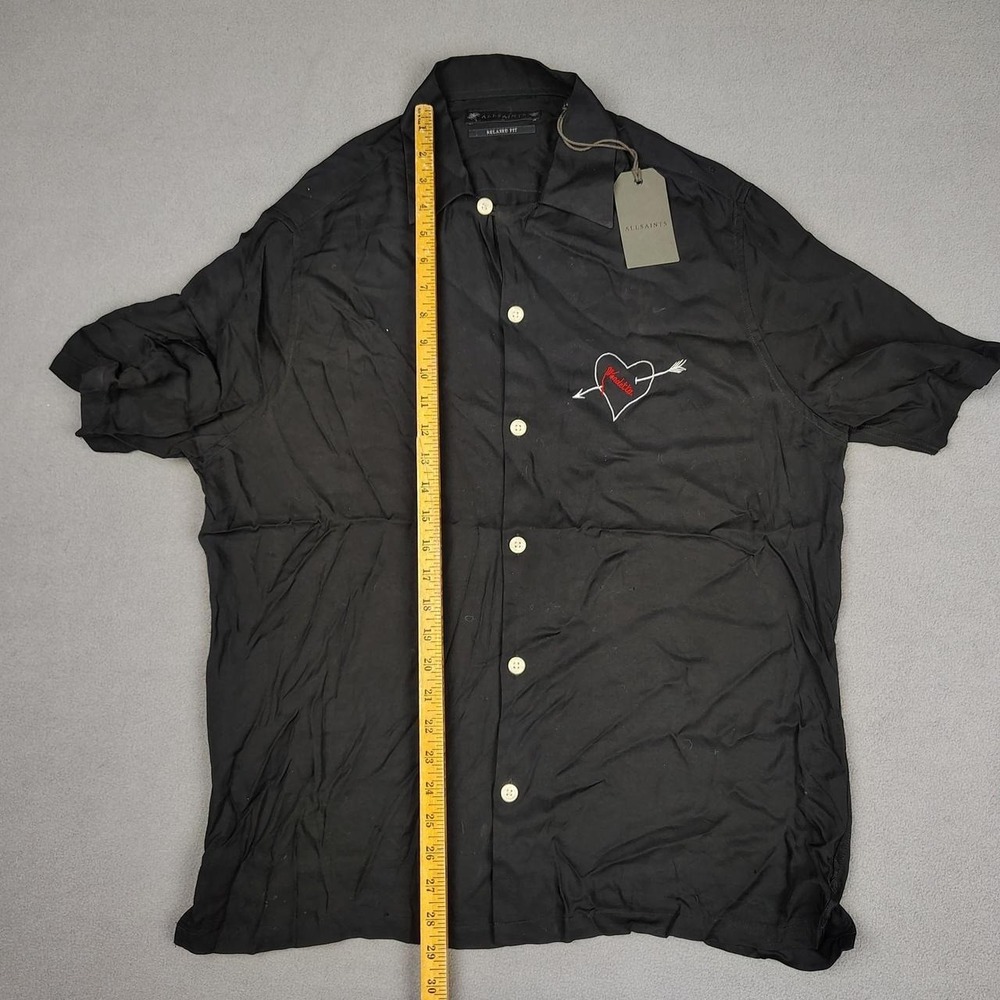 ALL SAINTS Button Up Camp Shirt Men Medium Black Embroidered Vendetta Loop Colla - Picture 5 of 8